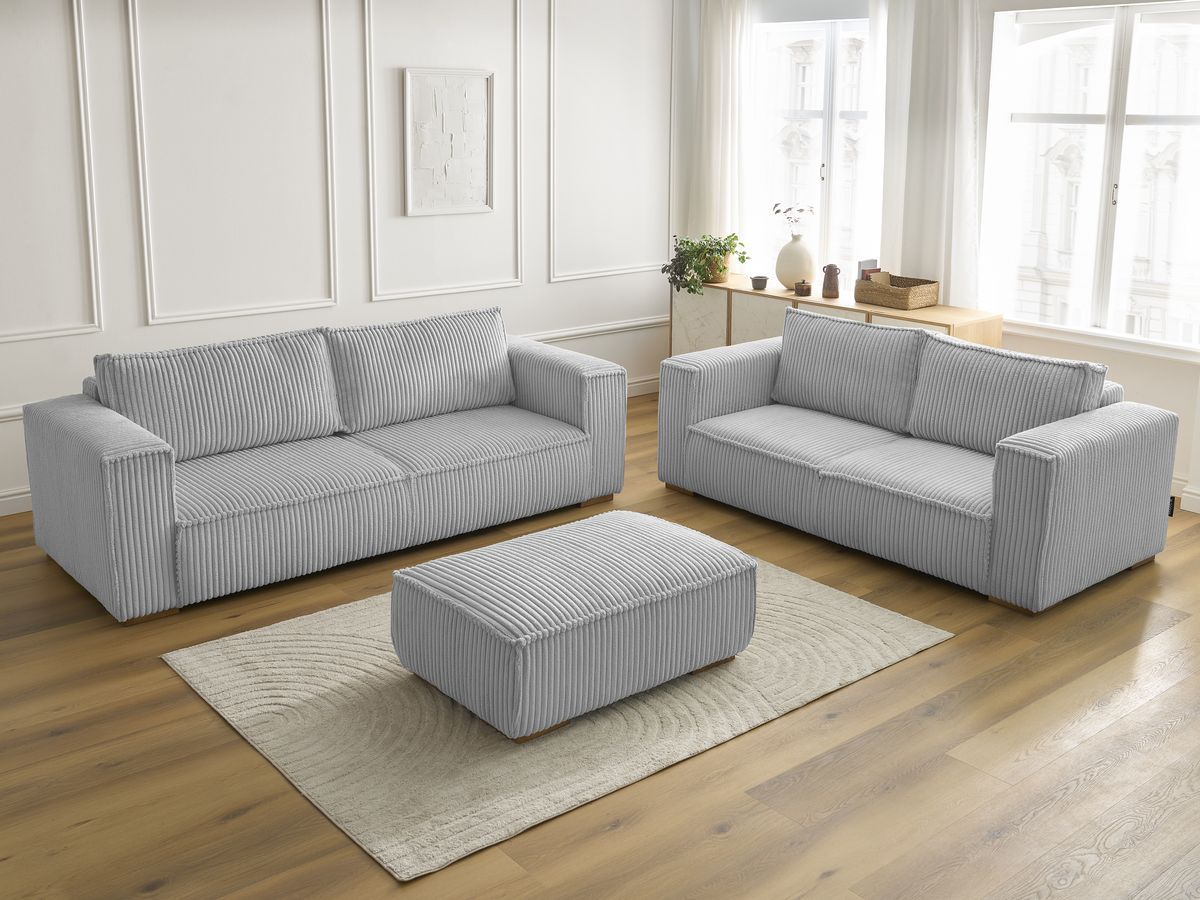 Bobochic Chelsea Sofa 6-Sitzer mit Pouf Breitcord weich Hellgrau