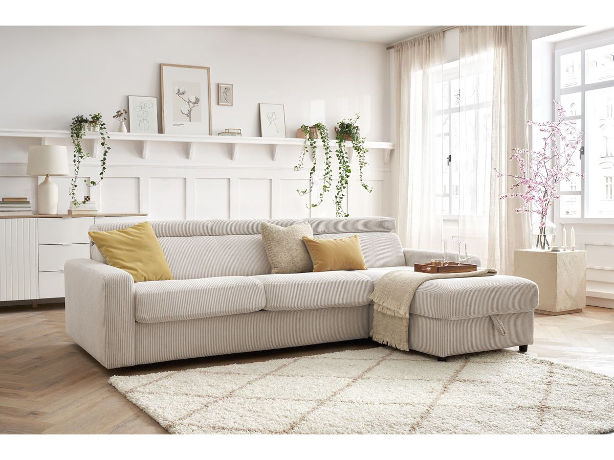 Bobochic Monaco Ecksofa mit Schlaffunktion und Bettkasten Cordsamt Beige, Liegefläche 140 × 190 cm