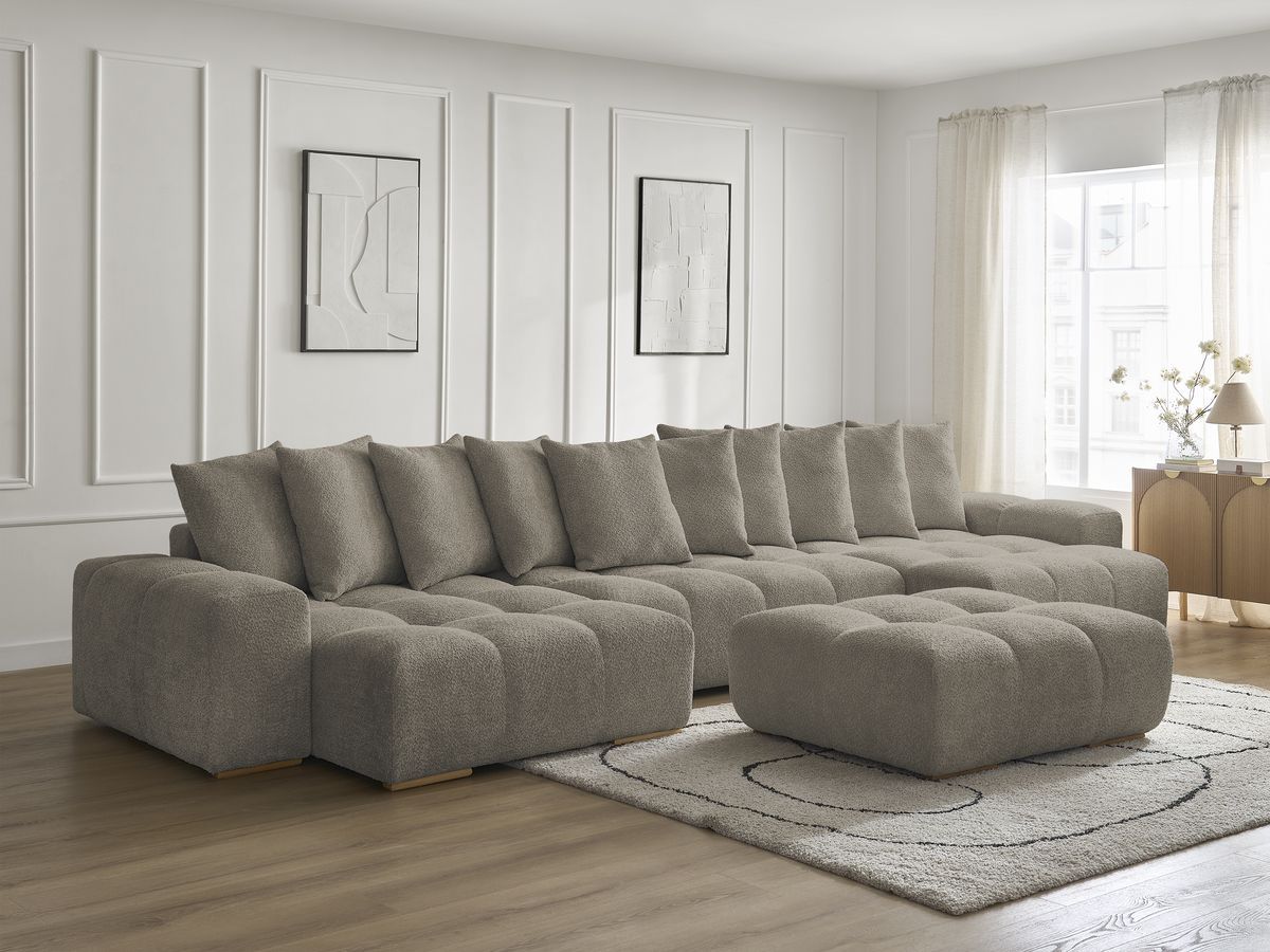 Bobochic Anakin Wohnlandschaft mit Pouf, 10 Kissen Bouclé-Stoff Taupe