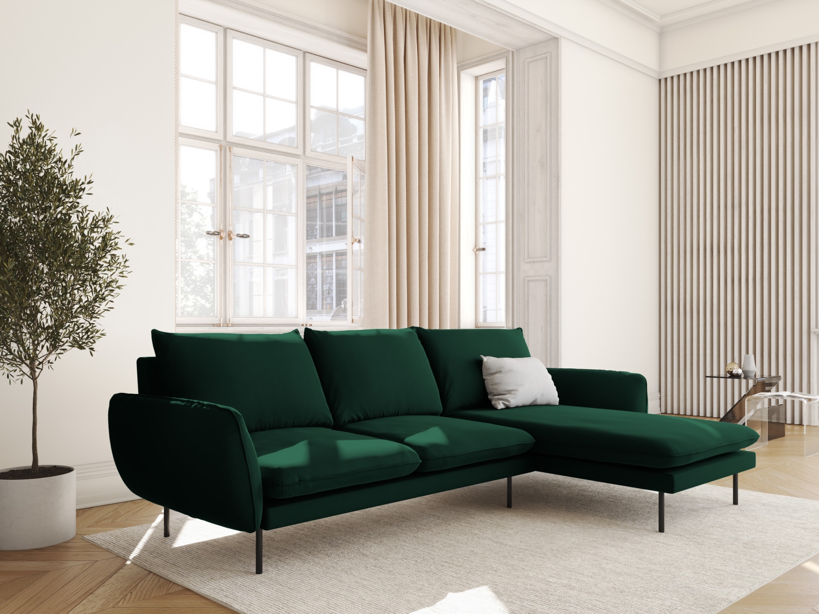 Cosmopolitan Design Ecksofa Vienna 5-Sitzer Samt Bluvel Flaschengrün Rechts Beine Schwarzes Metall