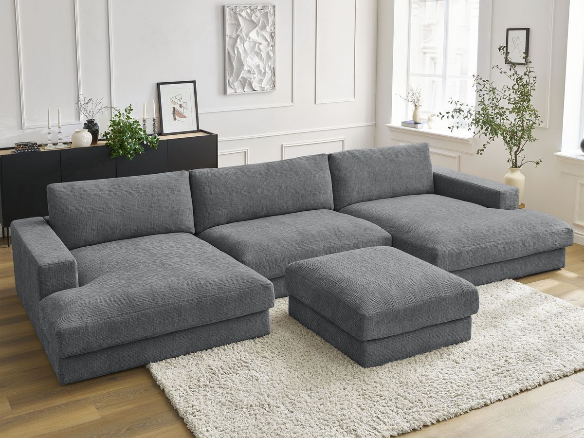 Bobochic Leonard Wohnlandschaft mit Pouf 349 × 159 cm Strukturstoff Dunkelgrau