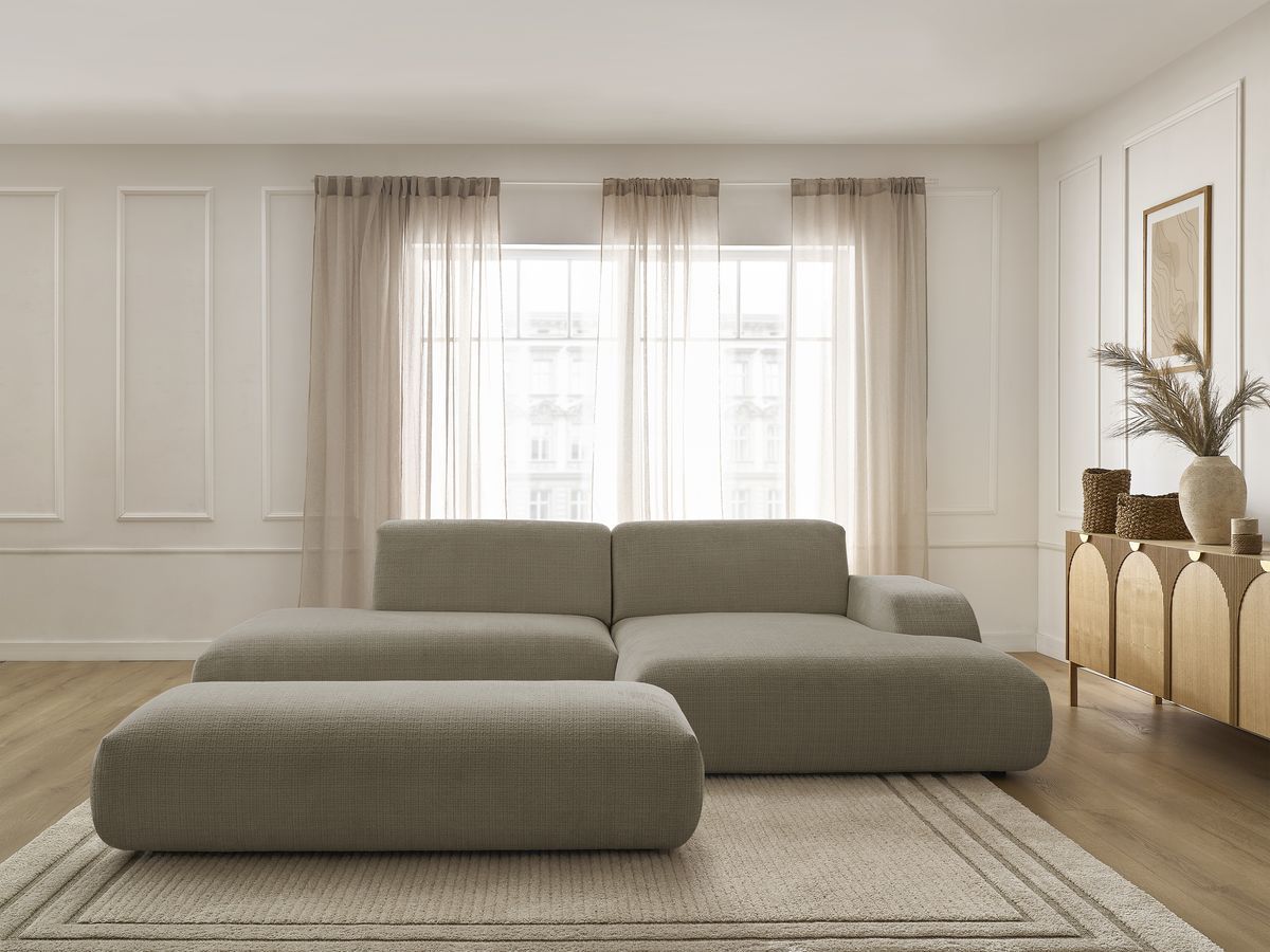 Bobochic Sirius Ecksofa mit Pouf 300 × 170 cm Strukturstoff Taupe Ecke rechts