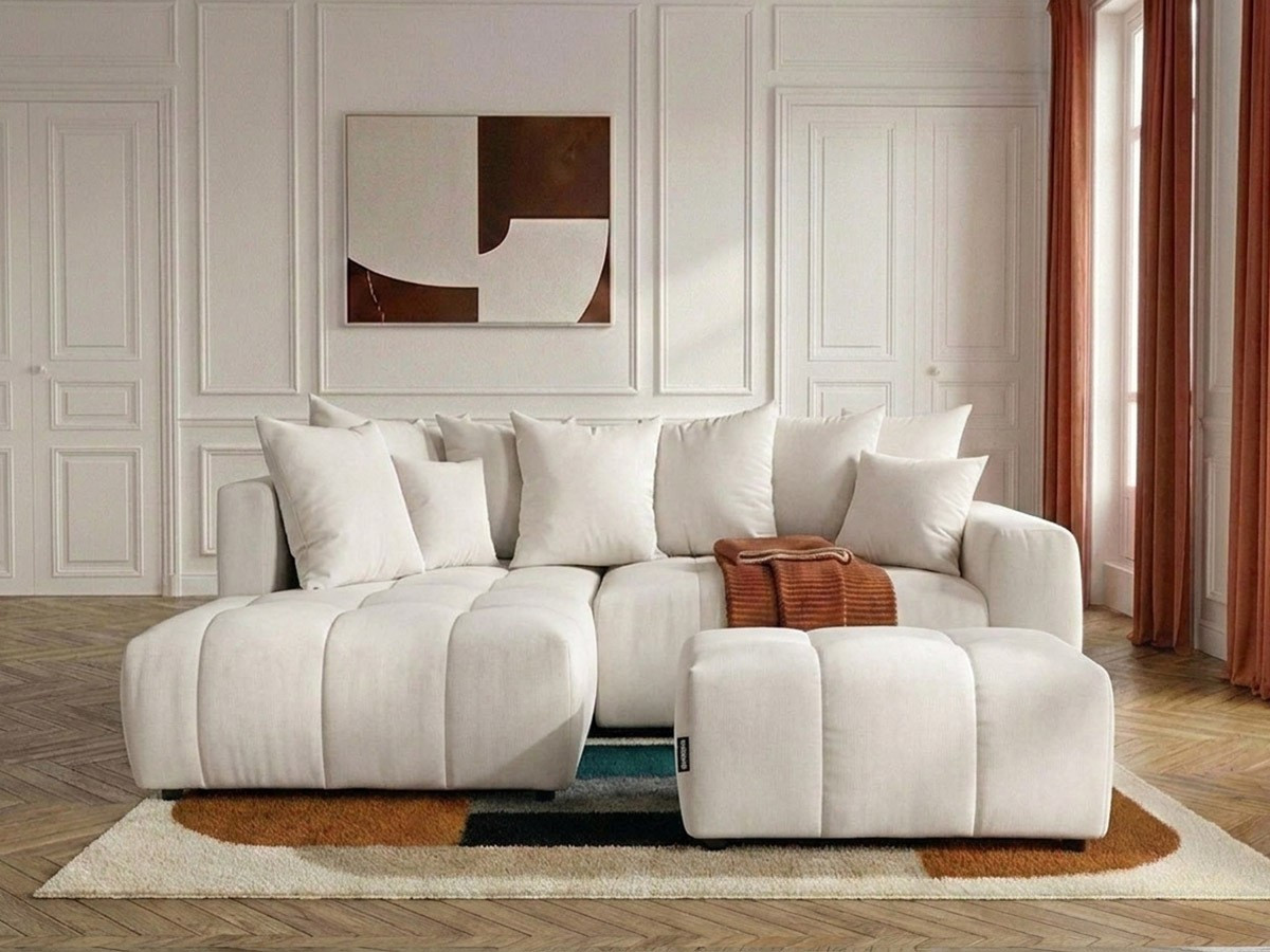 Bobochic Roxelane Ecksofa mit Schlaffunktion und Bettkasten und Pouf Melange-Stoff Weiß Ecke links
