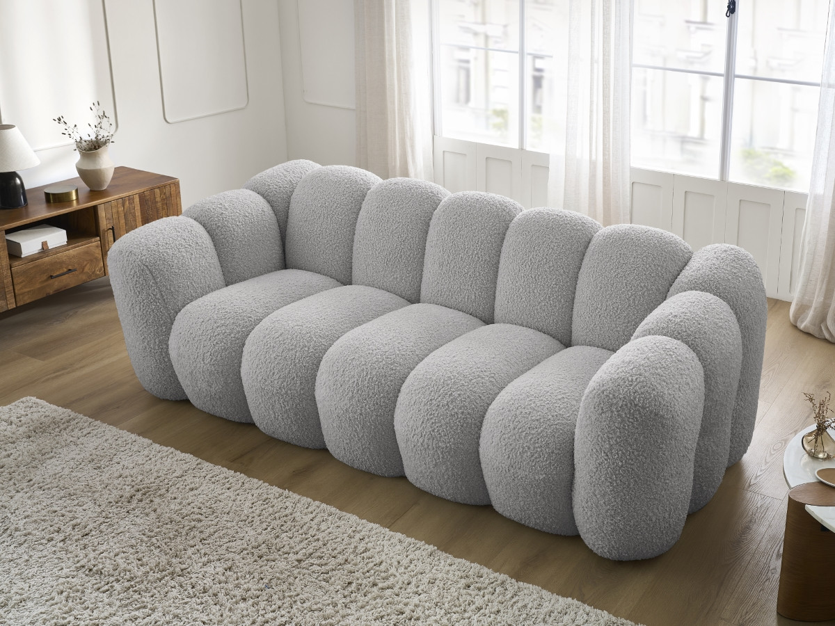 Bobochic Hippolyte Sofa 3-Sitzer Bouclé-Stoff Hellgrau