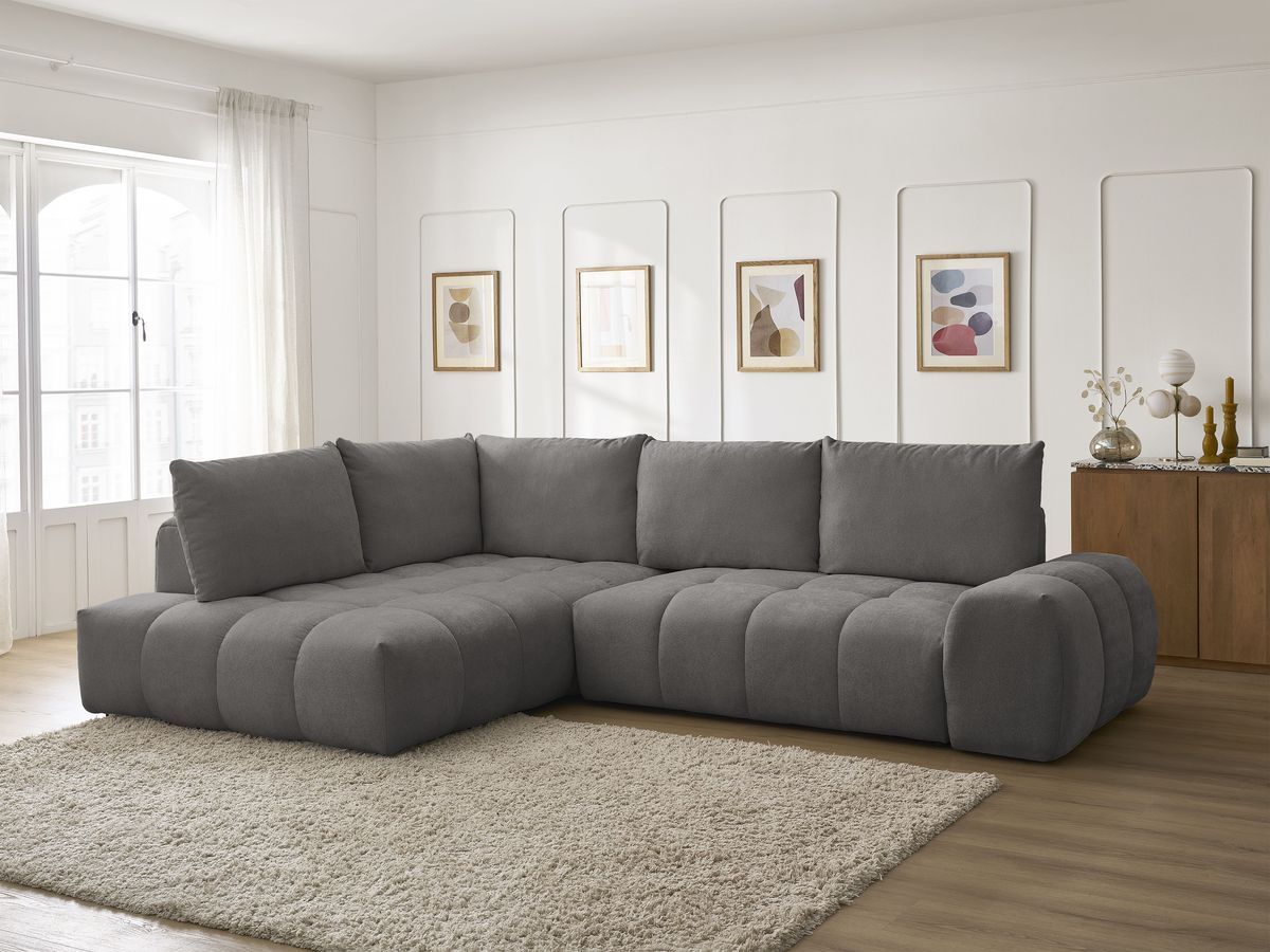 Bobochic Everest Ecksofa mit Schlaffunktion und Bettkasten 320 × 212 cm, 5 Kissen Strukturstoff Dunkelgrau Ecke links