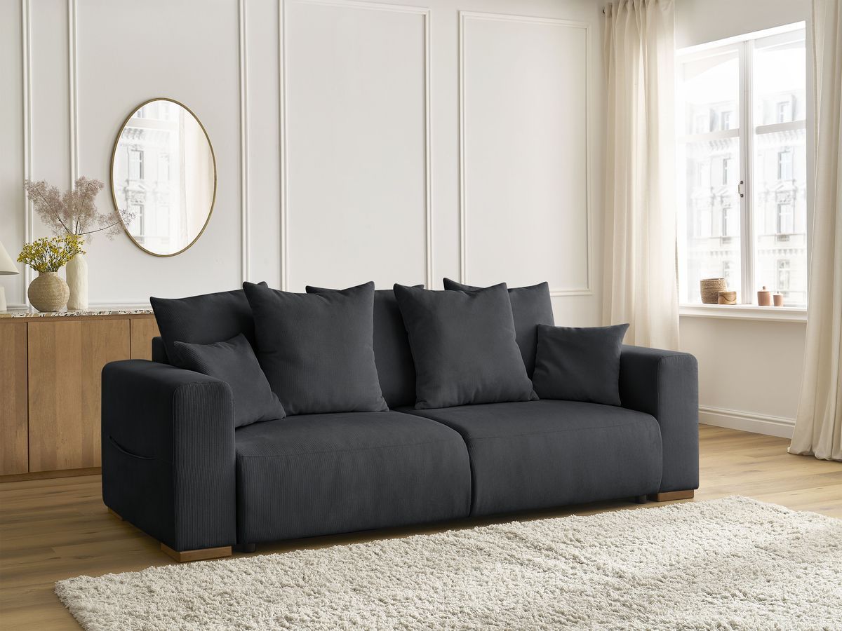 Bobochic Sidonie Schlafsofa 3-Sitzer mit Bettkasten Cordsamt Schwarz