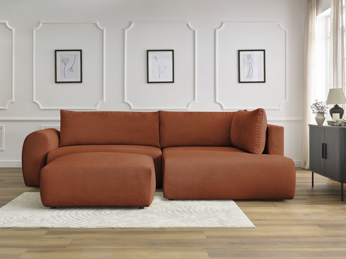 Bobochic Lucien Ecksofa mit Schlaffunktion und Bettkasten und Pouf 296 × 198 cm Stoff Orange Ecke rechts