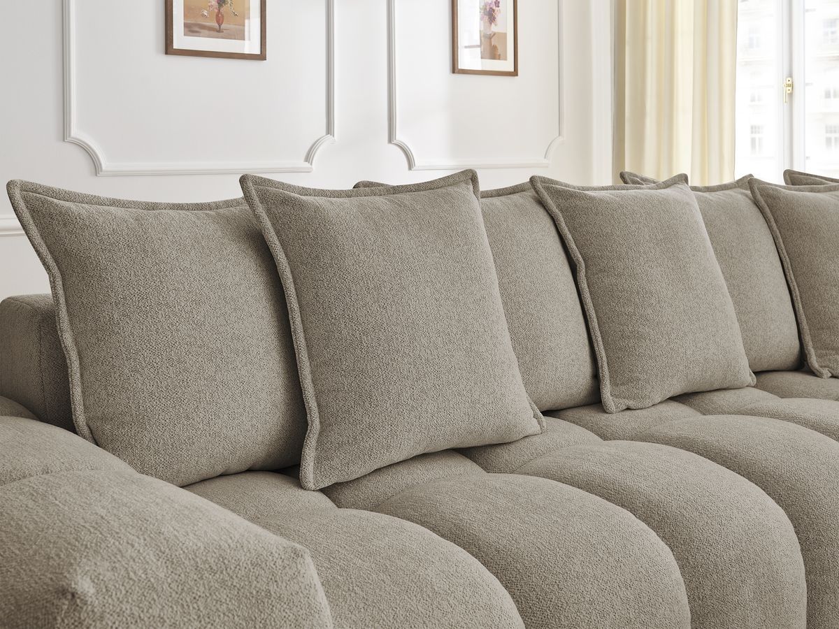 Bobochic Everest Ecksofa, 10 Kissen Melange-Stoff Taupe Ecke rechts