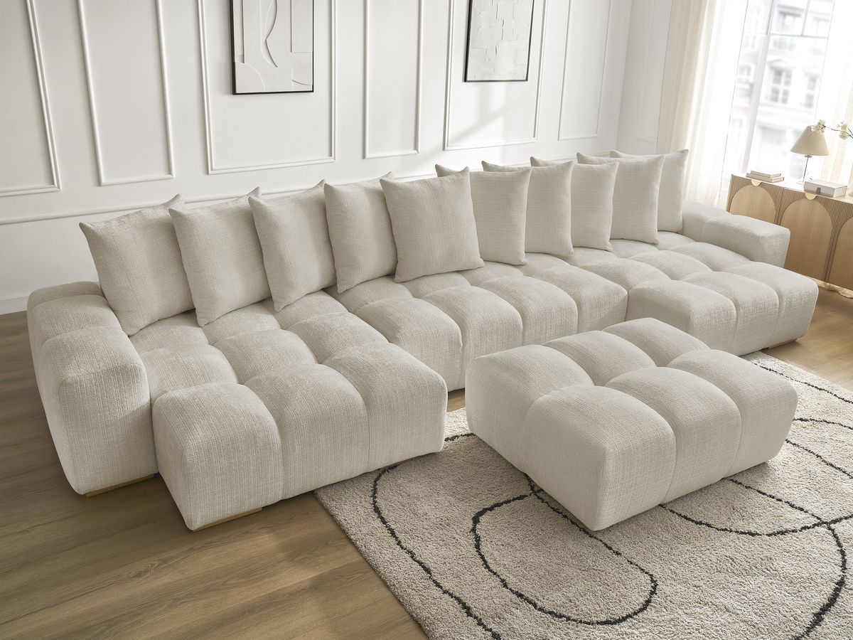 Bobochic Anakin Wohnlandschaft mit Pouf, 10 Kissen Strukturstoff Beige