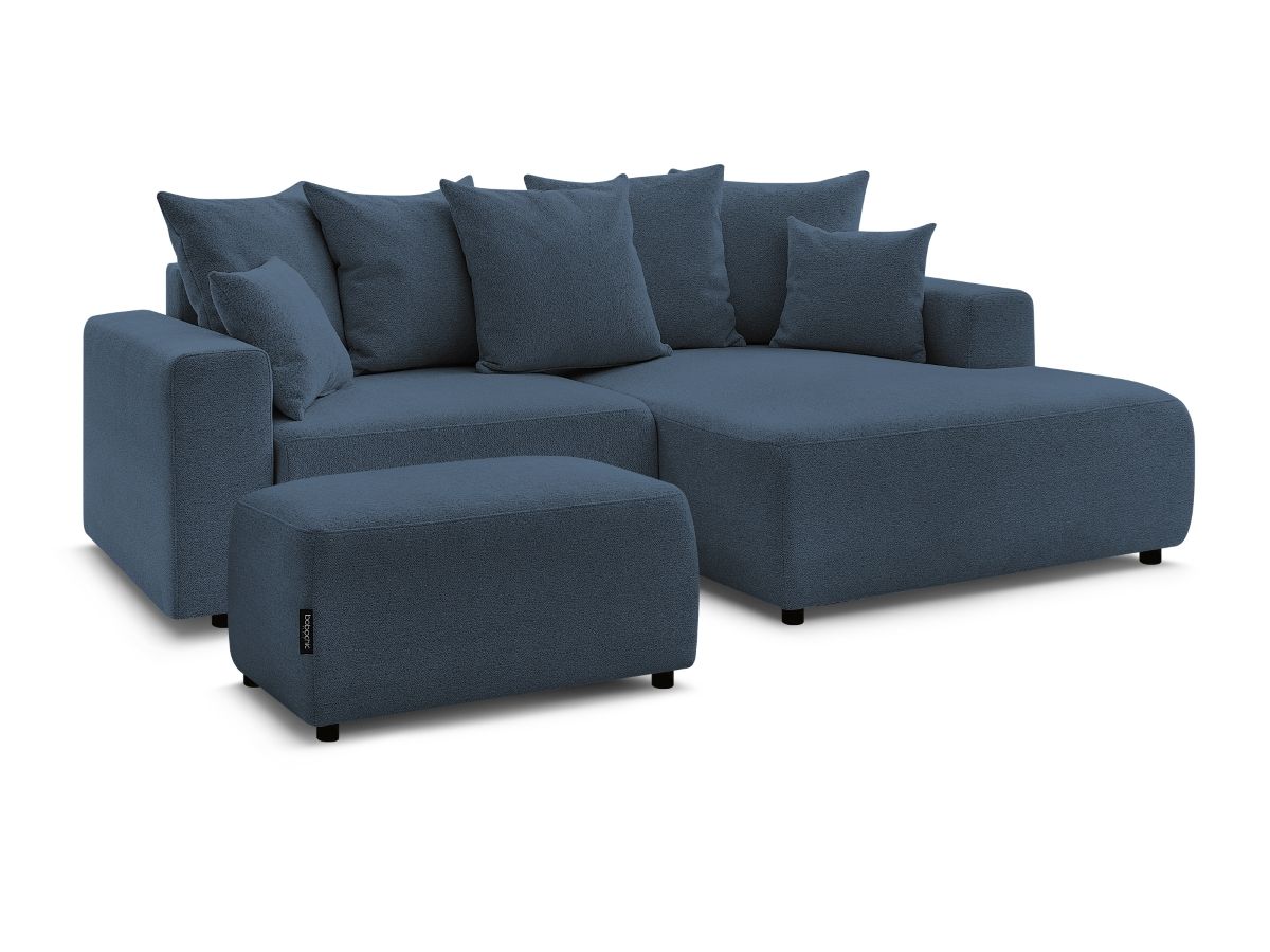 Bobochic Atilla Ecksofa mit Schlaffunktion und Bettkasten und Pouf Melange-Stoff Blau Ecke rechts
