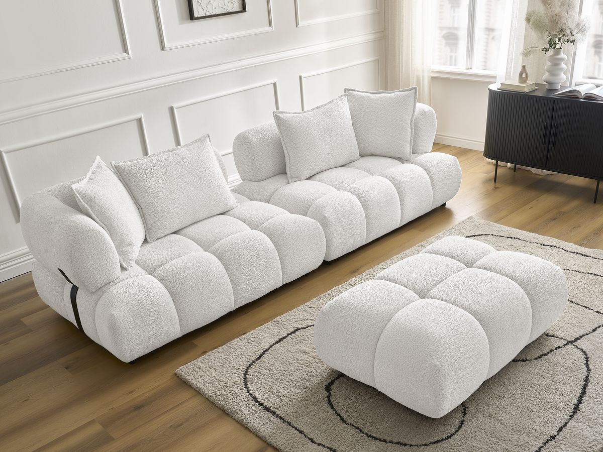 Bobochic Alya Sofa 4-Sitzer mit Pouf Bouclé-Stoff Weiß