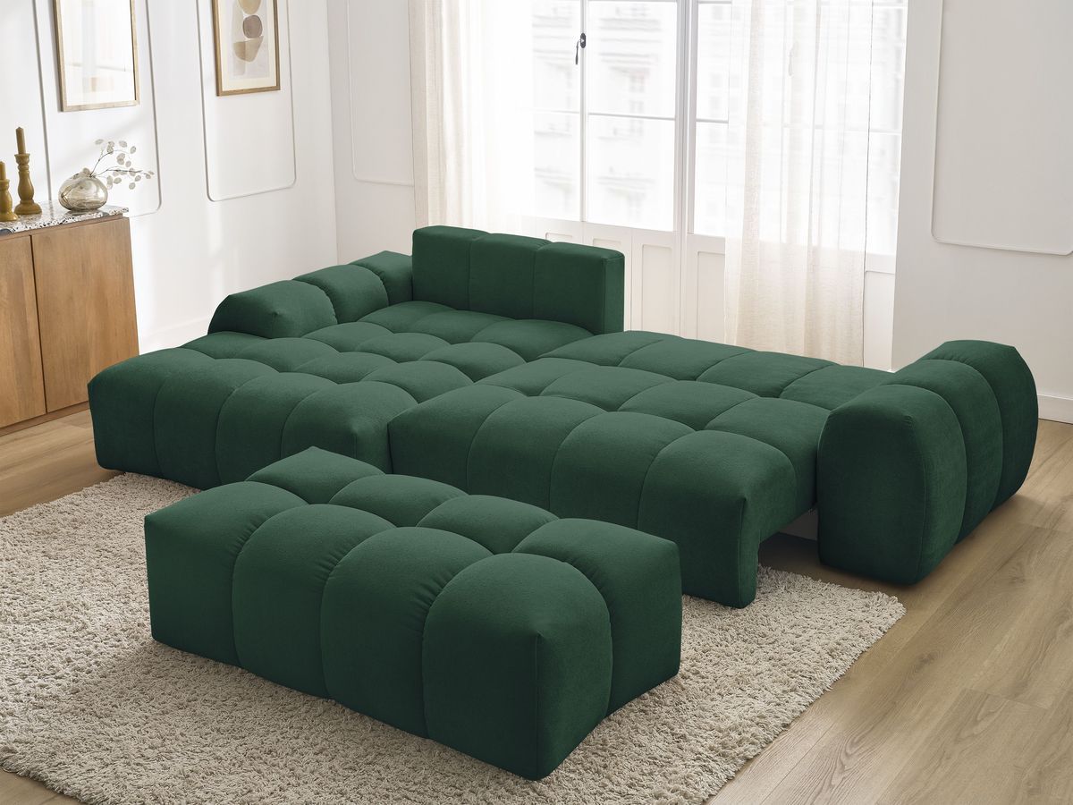 Bobochic Everest Ecksofa mit Schlaffunktion und Bettkasten und Pouf 318 × 180 cm, 7 Kissen Strukturstoff Grün Ecke links