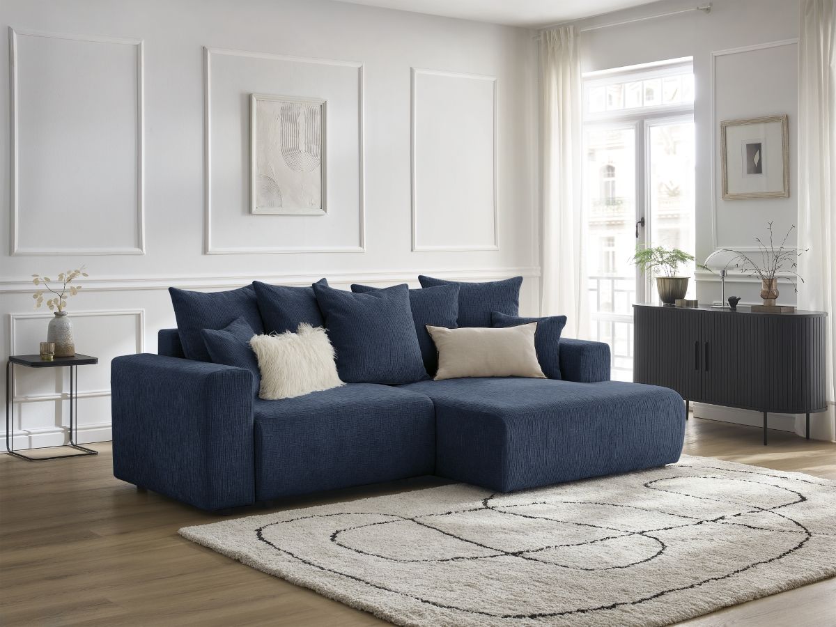 Bobochic Atilla Ecksofa mit Schlaffunktion und Bettkasten Strukturstoff Dunkelblau Ecke rechts