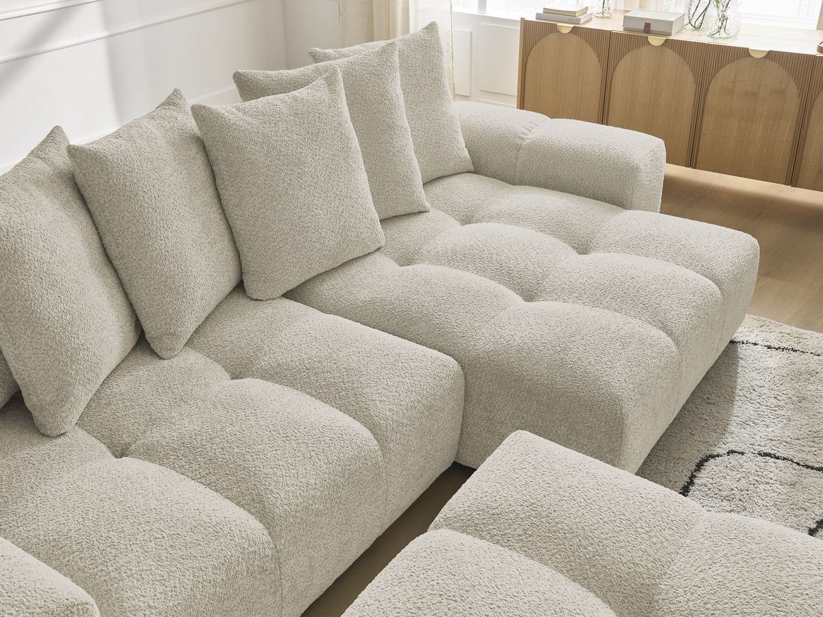 Bobochic Anakin Ecksofa mit Pouf, 6 Kissen Bouclé-Stoff Beige