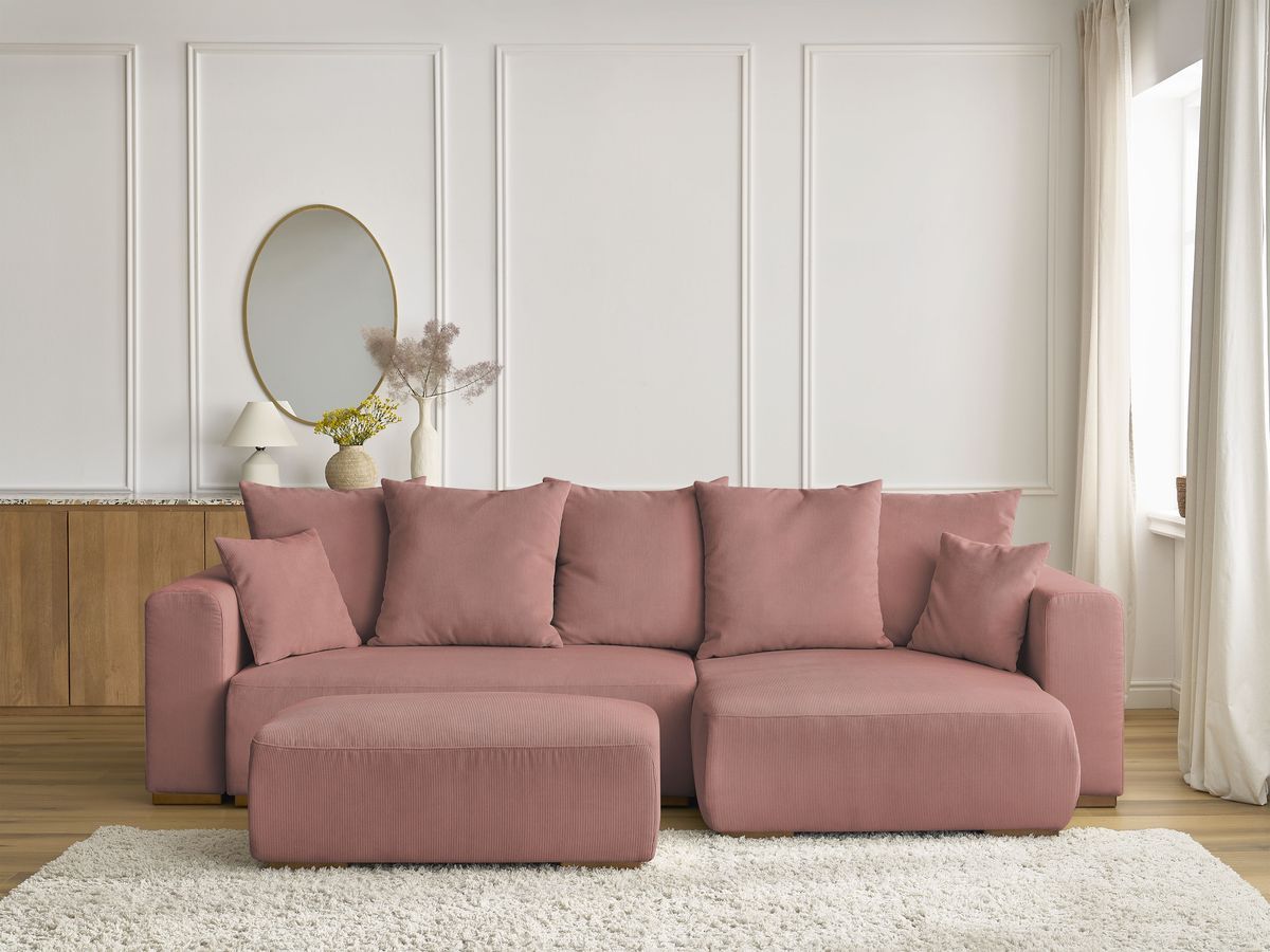 Bobochic Sidonie Ecksofa mit Schlaffunktion und Bettkasten und Pouf Cordsamt Rosa