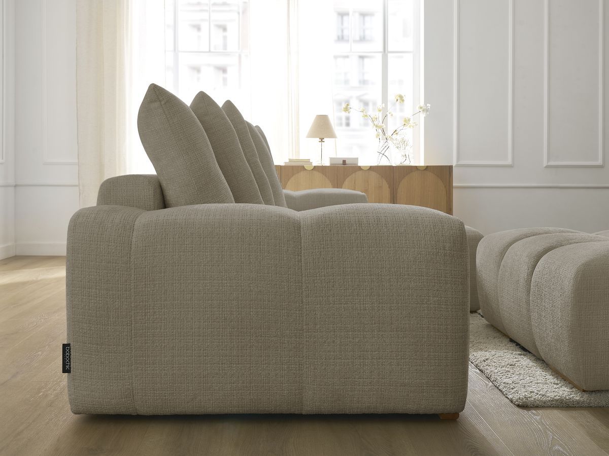 Bobochic Anakin Ecksofa mit Schlaffunktion und Bettkasten und Pouf, 6 Kissen Strukturstoff Taupe