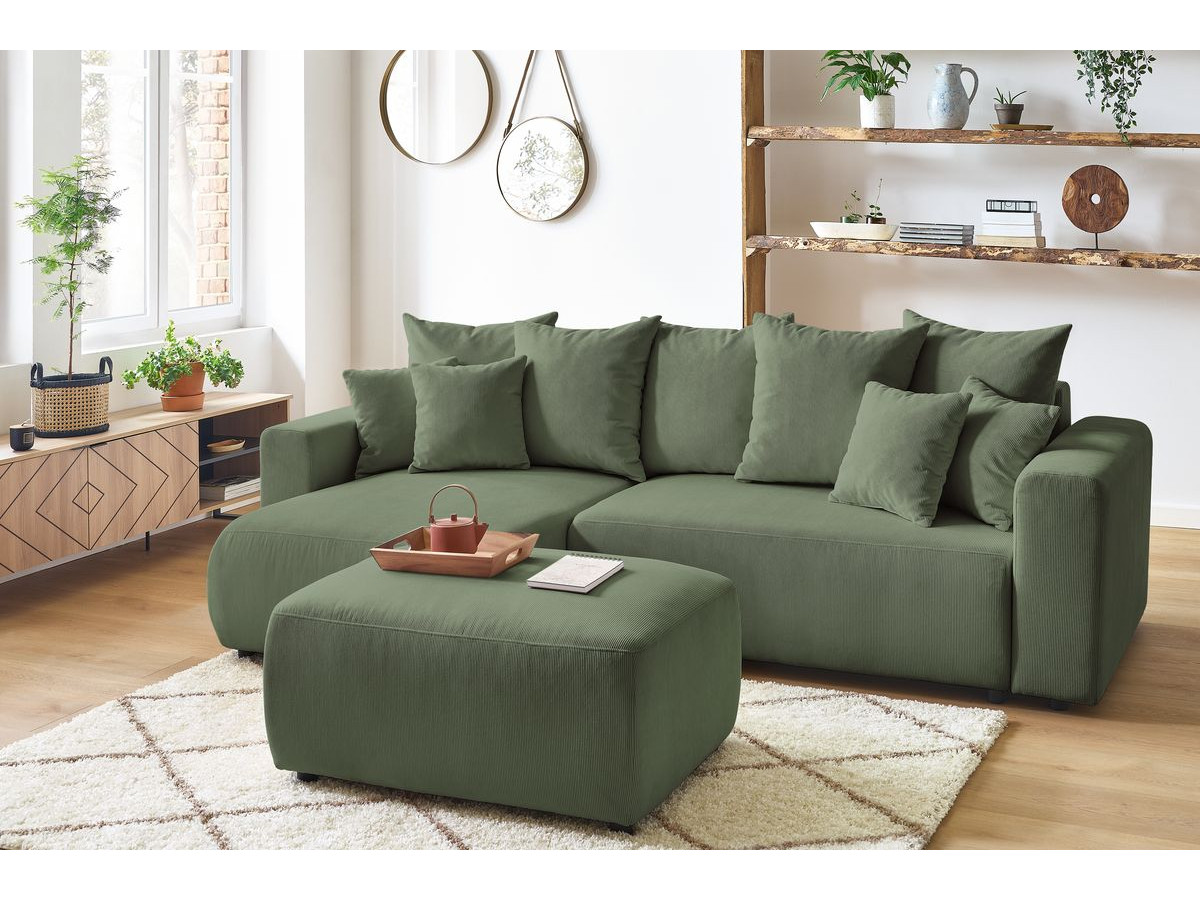 Bobochic Envy Ecksofa mit Schlaffunktion und Bettkasten und Pouf Cordsamt Grün