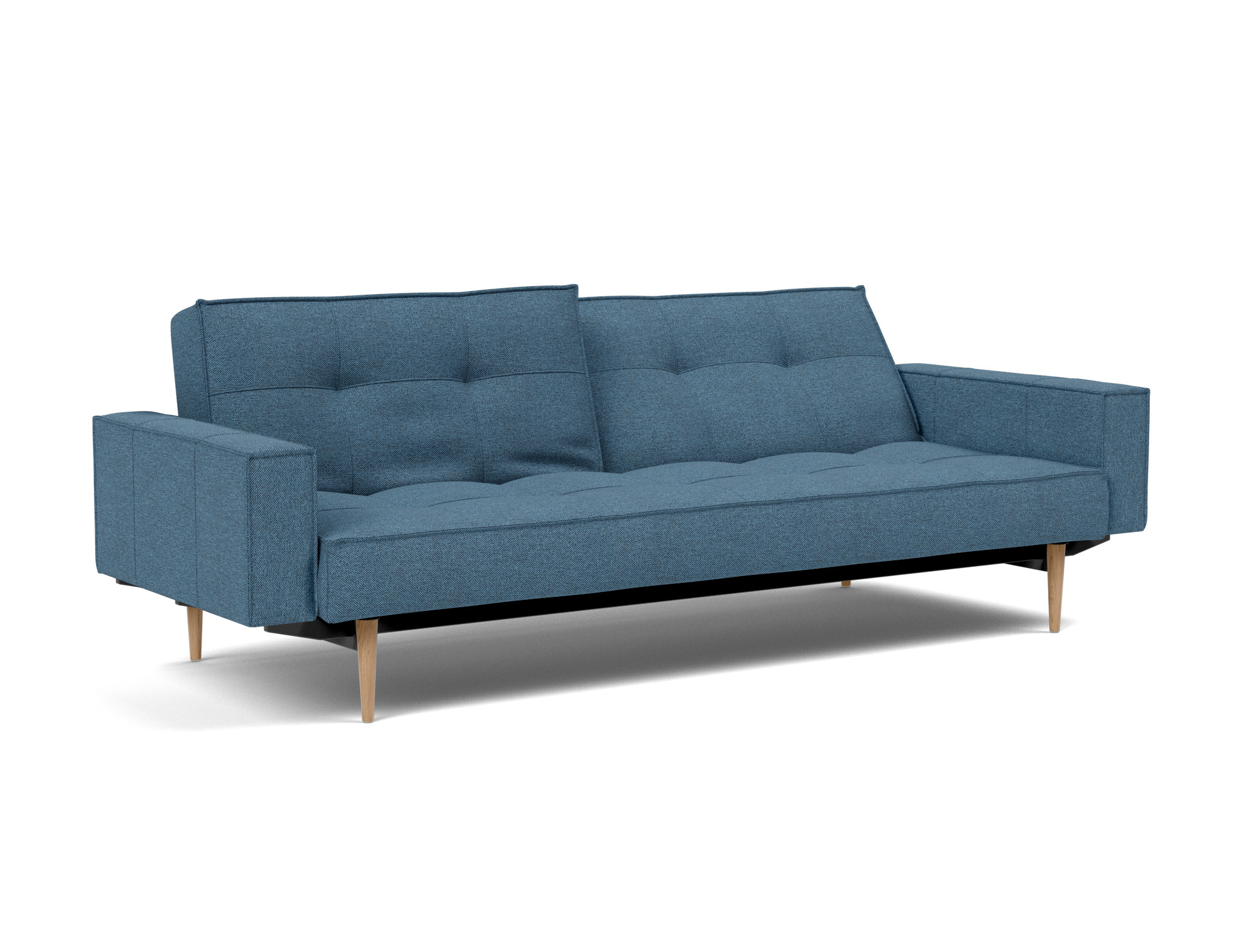 Schlafsofa Splitback mit Armlehnen Strukturierter Stoff Weda 302-Weda-Blue Beine Styletto Eiche hell