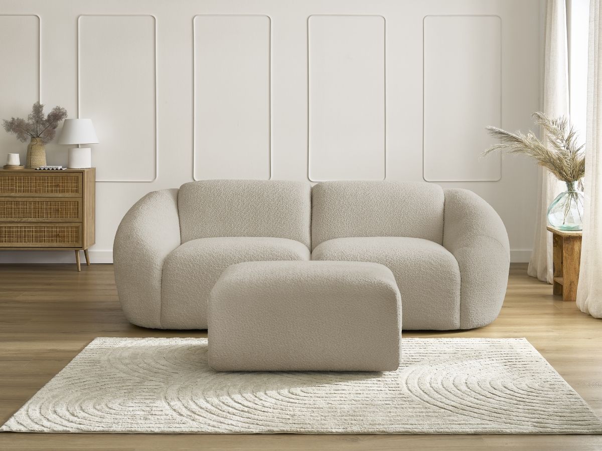 Bobochic Tina Sofa 3-Sitzer mit Pouf Bouclé-Stoff Beige