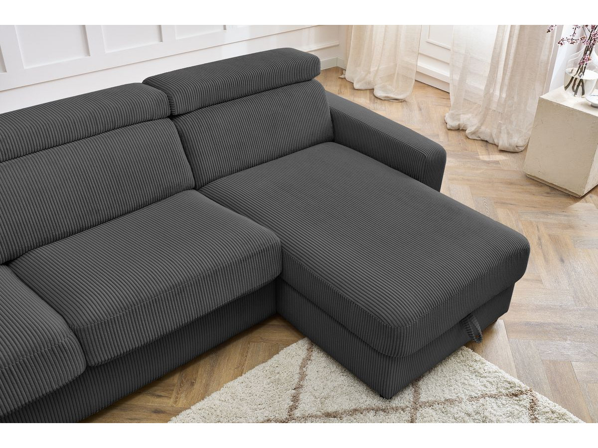 Bobochic Monaco Ecksofa mit Schlaffunktion und Bettkasten Cordsamt Dunkelgrau, Liegefläche 140 × 190 cm