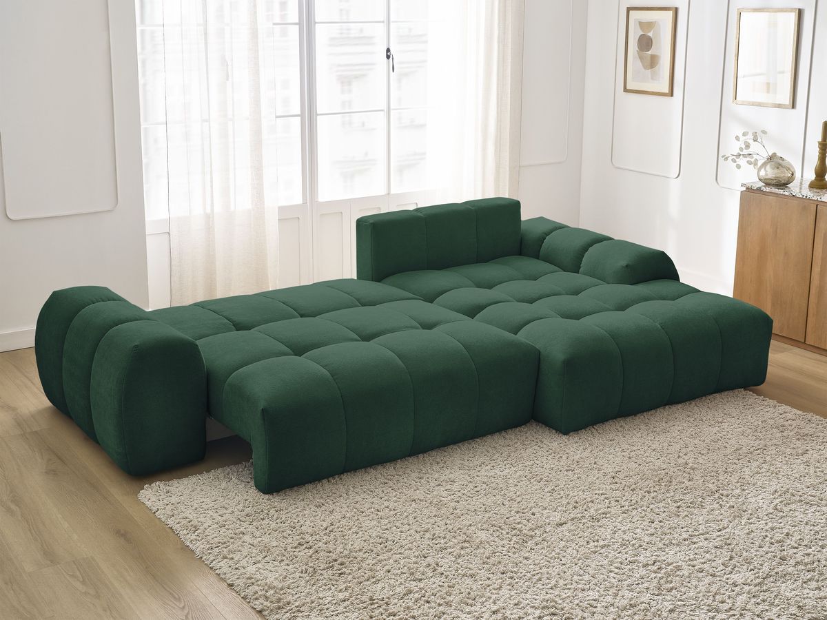 Bobochic Everest Ecksofa mit Schlaffunktion und Bettkasten 318 × 180 cm, 3 Kissen Strukturstoff Grün Ecke rechts