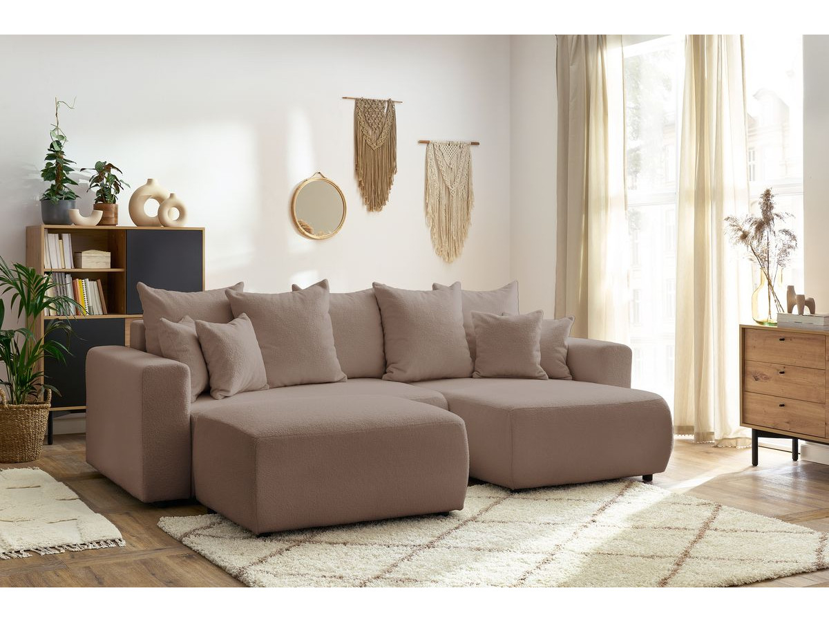 Bobochic Envy Ecksofa mit Schlaffunktion und Bettkasten und rechteckigem Pouf Bouclé-Stoff Braun