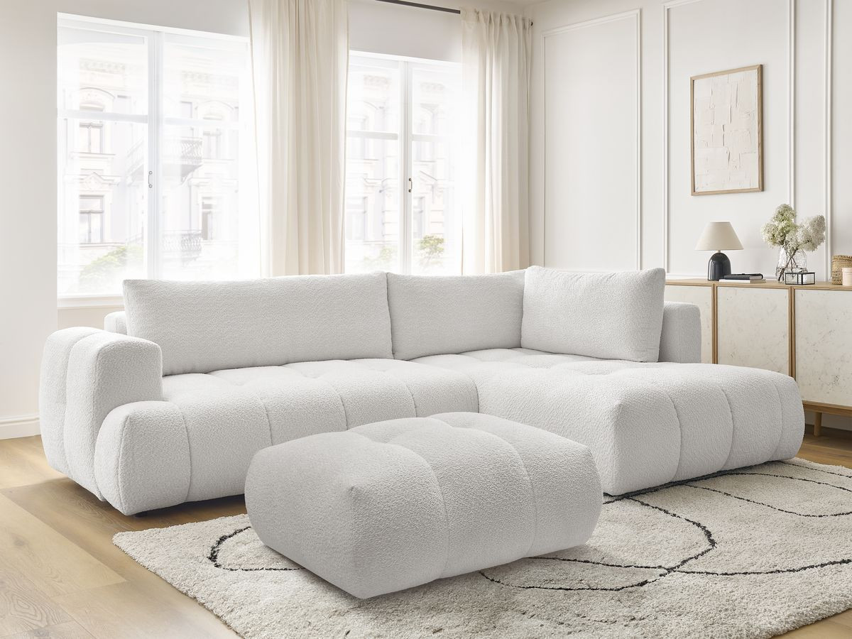 Bobochic Fuji Ecksofa mit Schlaffunktion und Bettkasten und Pouf 282 × 204 cm Bouclé-Stoff Weiß Ecke rechts