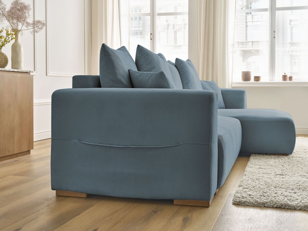 Bobochic Sidonie Ecksofa mit Schlaffunktion und Bettkasten Cordsamt Dunkelblau