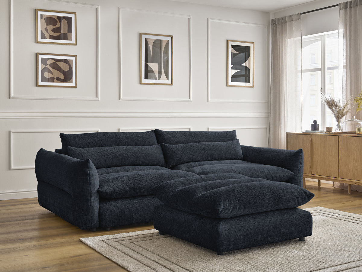 Bobochic Neil Sofa 3-Sitzer mit Pouf Strukturstoff Dunkelblau