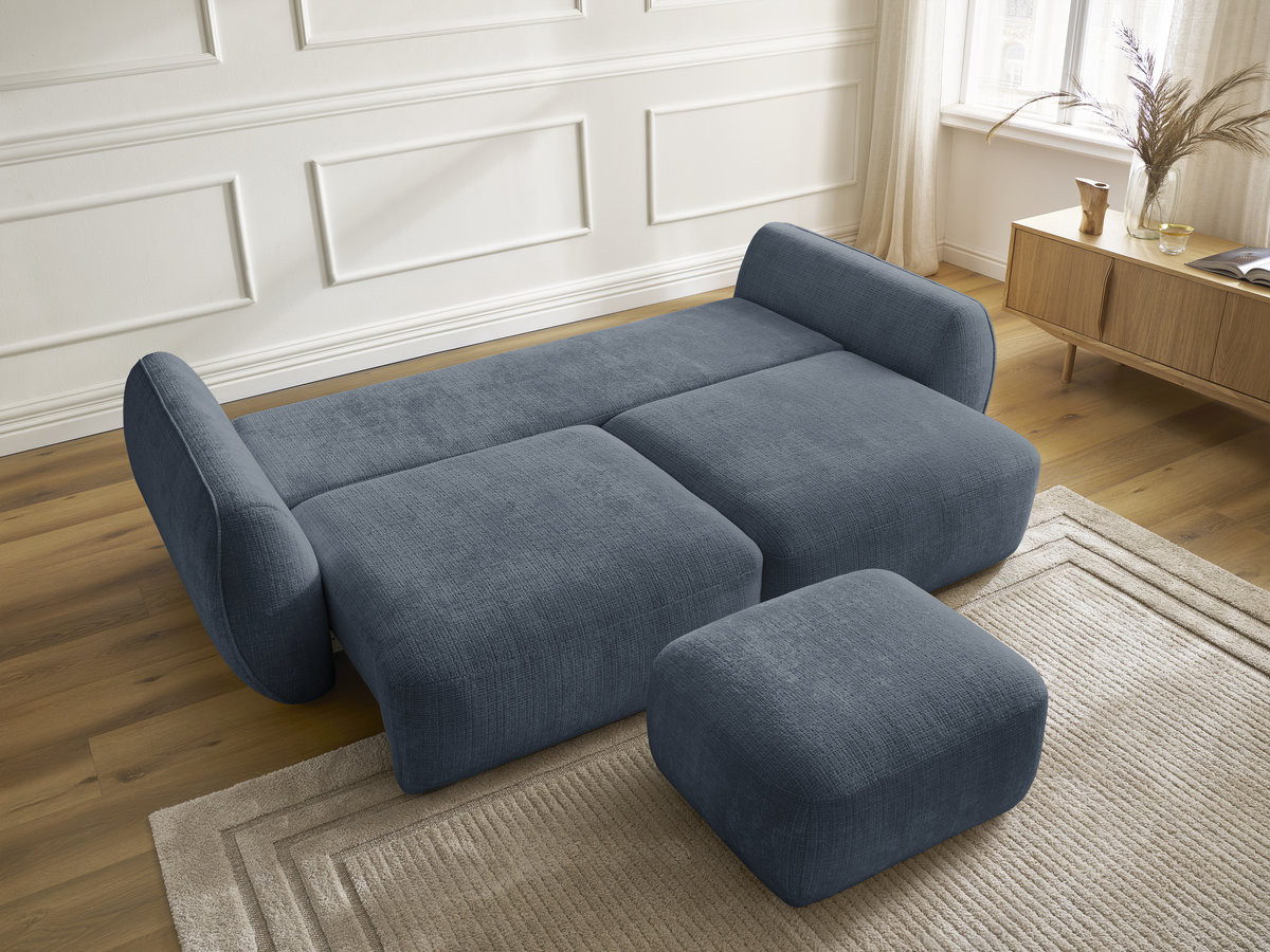 Bobochic Denise Schlafsofa 3-Sitzer mit Bettkasten und Pouf Strukturstoff Dunkelblau