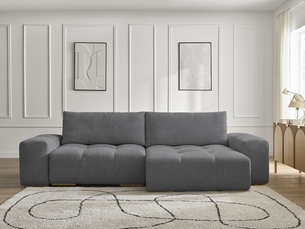 Bobochic Anakin Ecksofa mit Schlaffunktion und Bettkasten, 2 Kissen Bouclé-Stoff Dunkelgrau