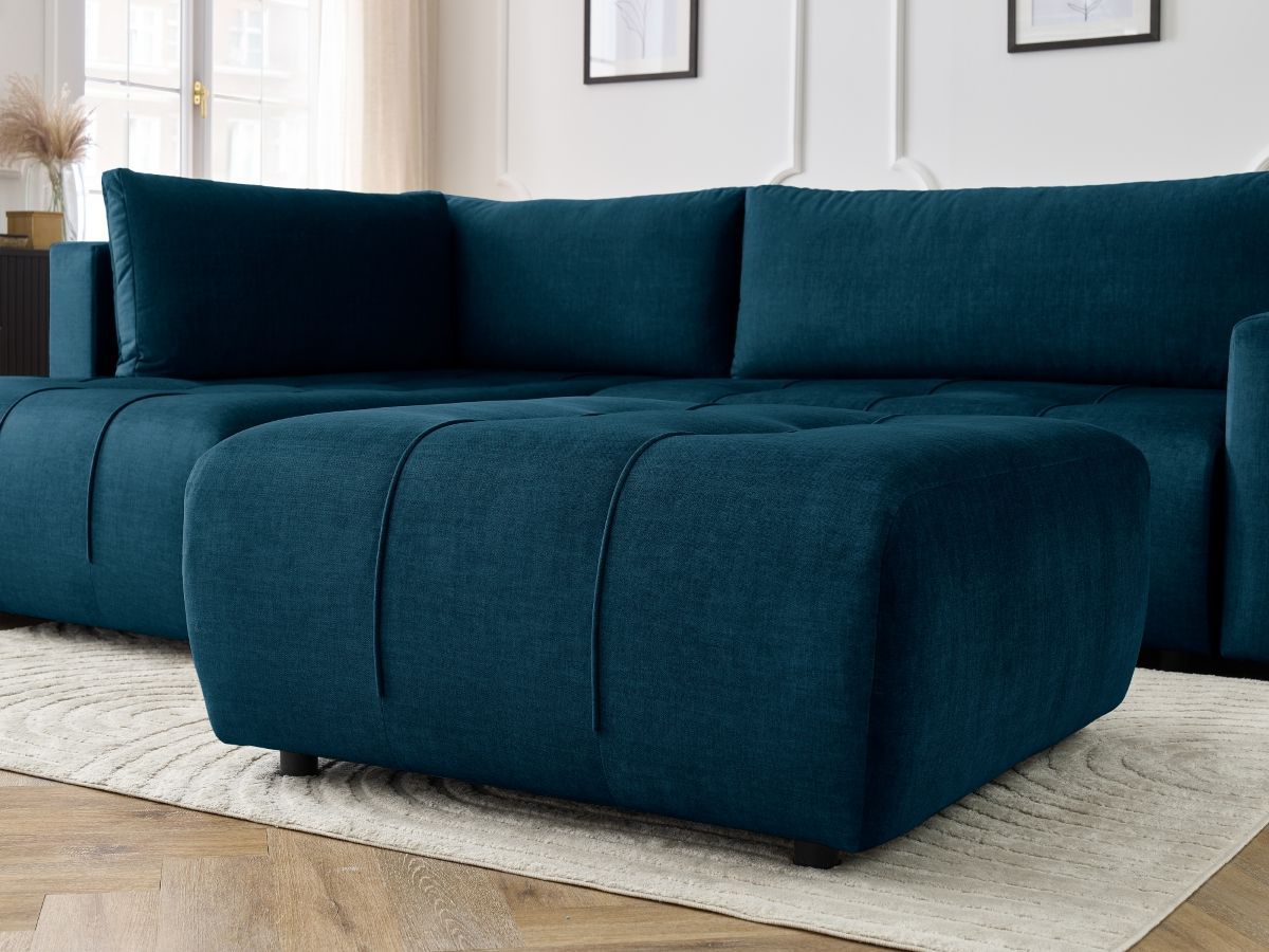 Bobochic Arsene Ecksofa mit Schlaffunktion und Bettkasten und Pouf 277 × 200 cm Samt Blau Ecke links