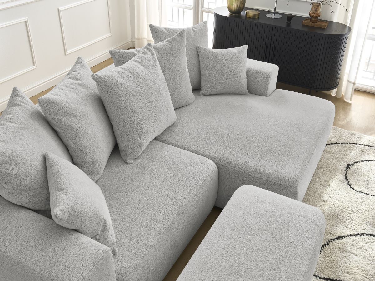 Bobochic Atilla Ecksofa mit Schlaffunktion und Bettkasten und Pouf Melange-Stoff Hellgrau Ecke rechts