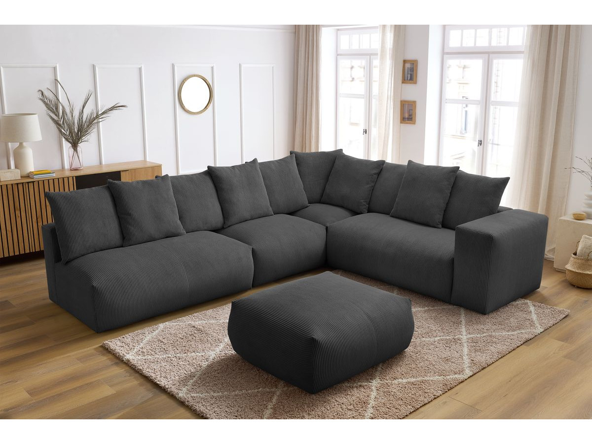 Bobochic Voltaire Ecksofa mit Pouf 322 × 268 cm Cordsamt Dunkelgrau Ecke rechts