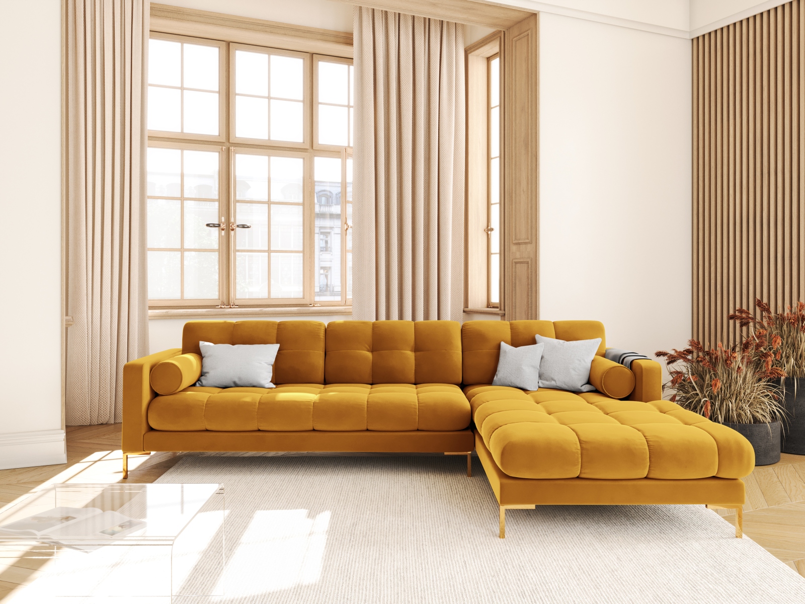 Cosmopolitan Design Ecksofa Bali 5-Sitzer Samt Bluvel Gelb Rechts Beine Gold