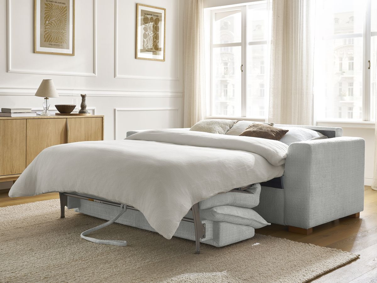 Bobochic Augustin Schlafsofa 3-Sitzer Strukturstoff Hellgrau, Liegefläche 160 × 200 cm