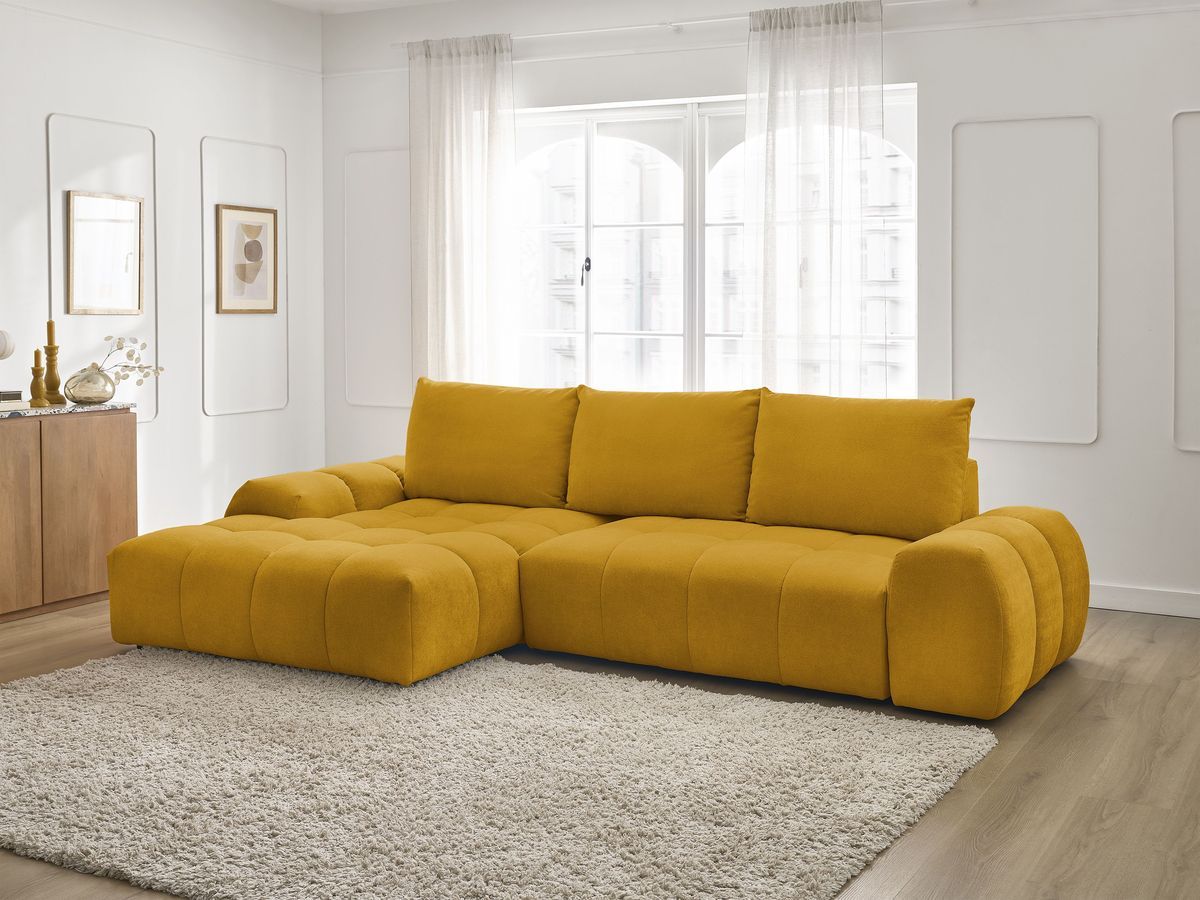 Bobochic Everest Ecksofa mit Schlaffunktion und Bettkasten 318 × 180 cm, 3 Kissen Strukturstoff Gelb Ecke links