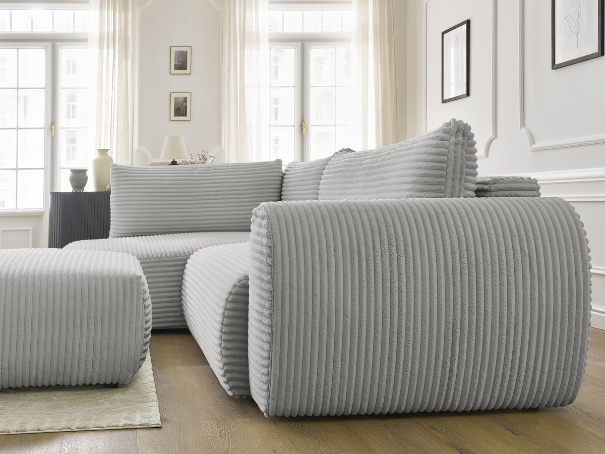 Bobochic Lucien Ecksofa mit Schlaffunktion und Bettkasten und Pouf 296 × 198 cm Breitcord weich Hellgrau Ecke links