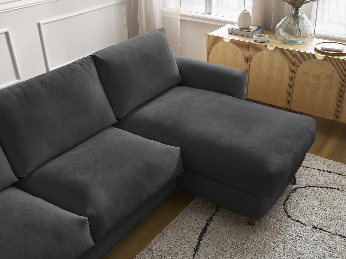 Bobochic Cocoone Ecksofa mit Schlaffunktion und Bettkasten Stoff Schwarz, Liegefläche 160 × 200 cm