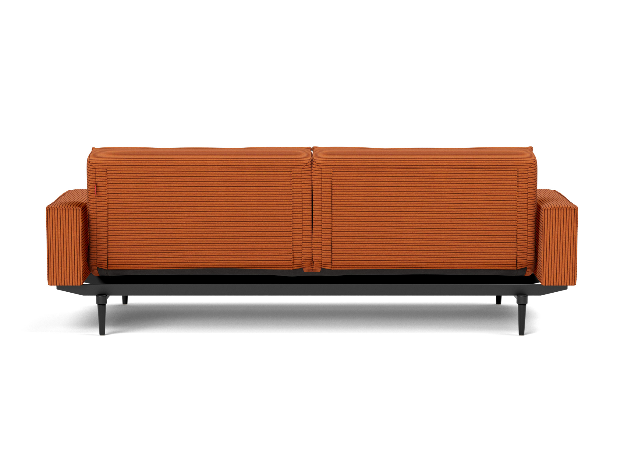 Schlafsofa Splitback mit Armlehnen Kord Corduroy 595-Burnt-Orange Beine Styletto Eiche schwarz