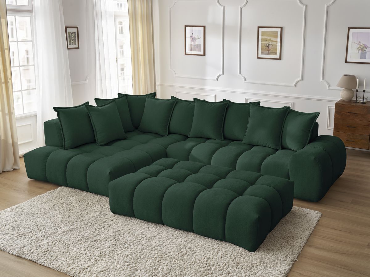 Bobochic Everest Ecksofa mit Schlaffunktion und Pouf, 10 Kissen Strukturstoff Grün Ecke links