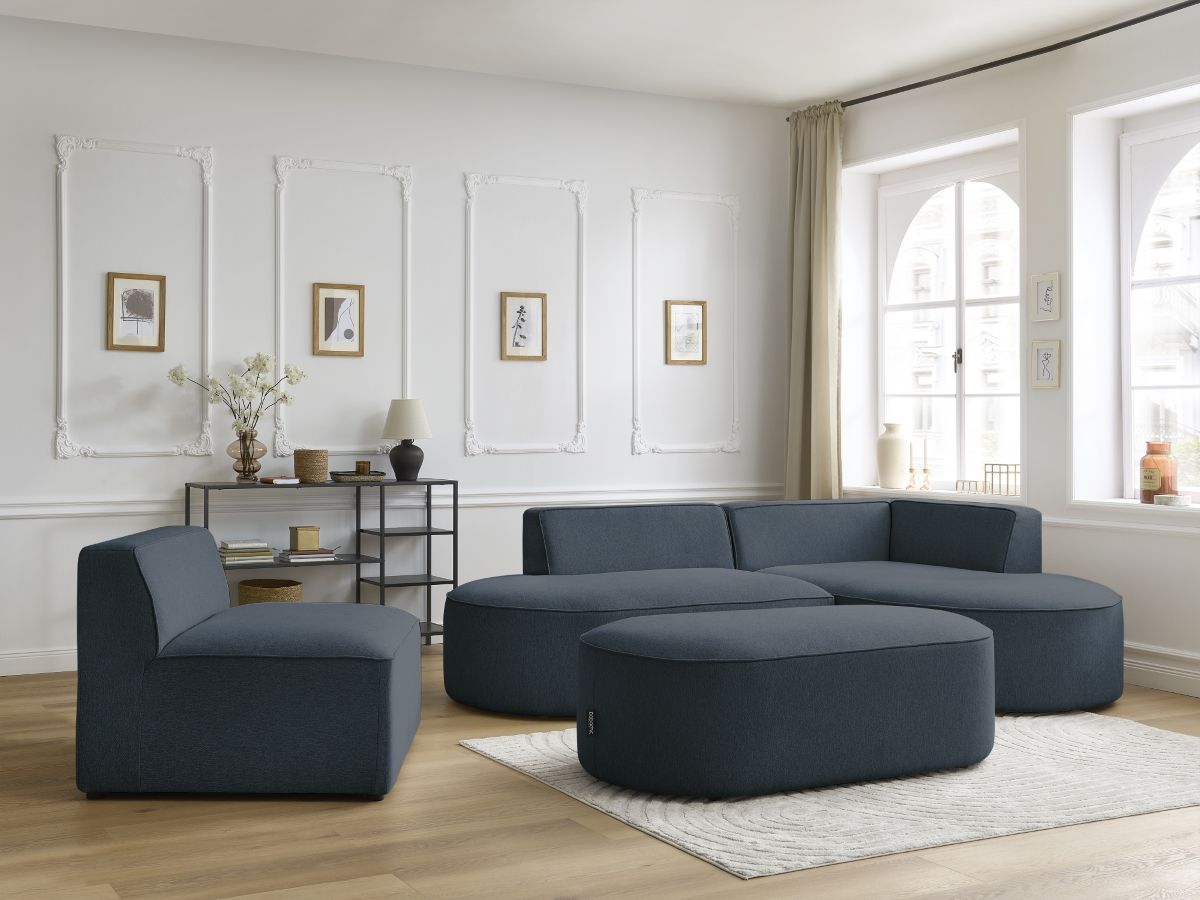 Bobochic Rousseau Ecksofa mit Sofamodul und Pouf Melange-Stoff Dunkelblau Ecke rechts