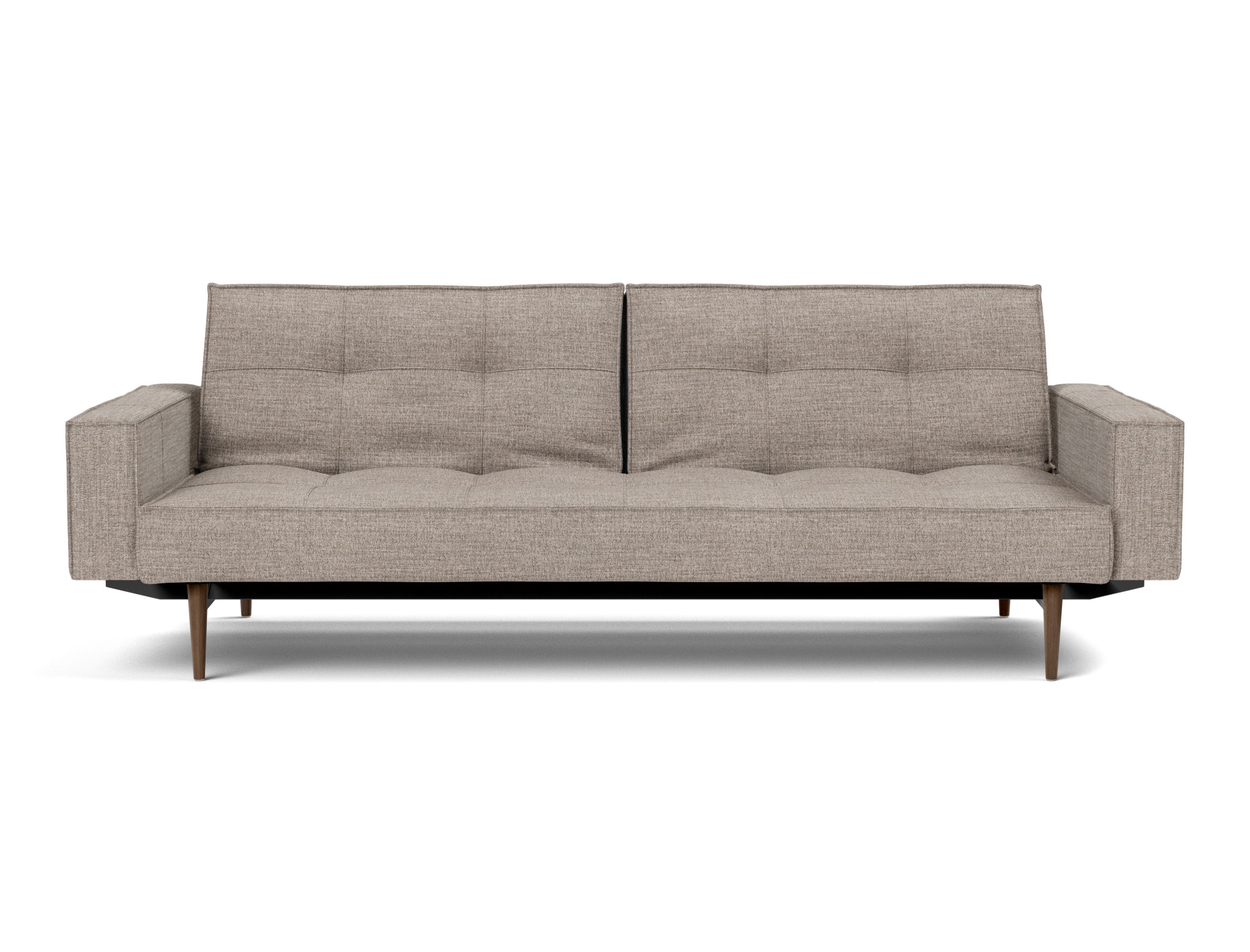 Schlafsofa Splitback mit Armlehnen Chenille Yuveno 472-Warm-Grey Beine Styletto Eiche dunkel