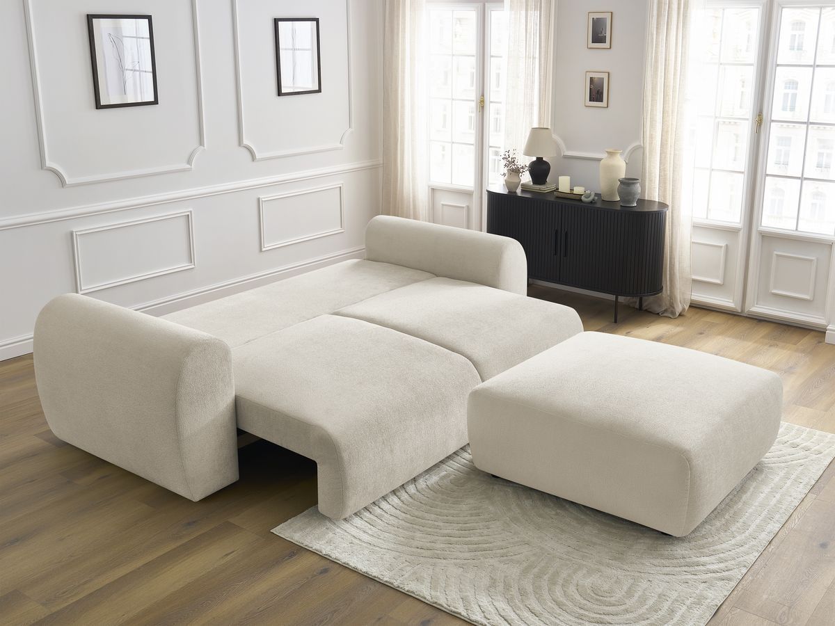 Bobochic Lucien Schlafsofa 4-Sitzer mit Bettkasten und Pouf Stoff Beige