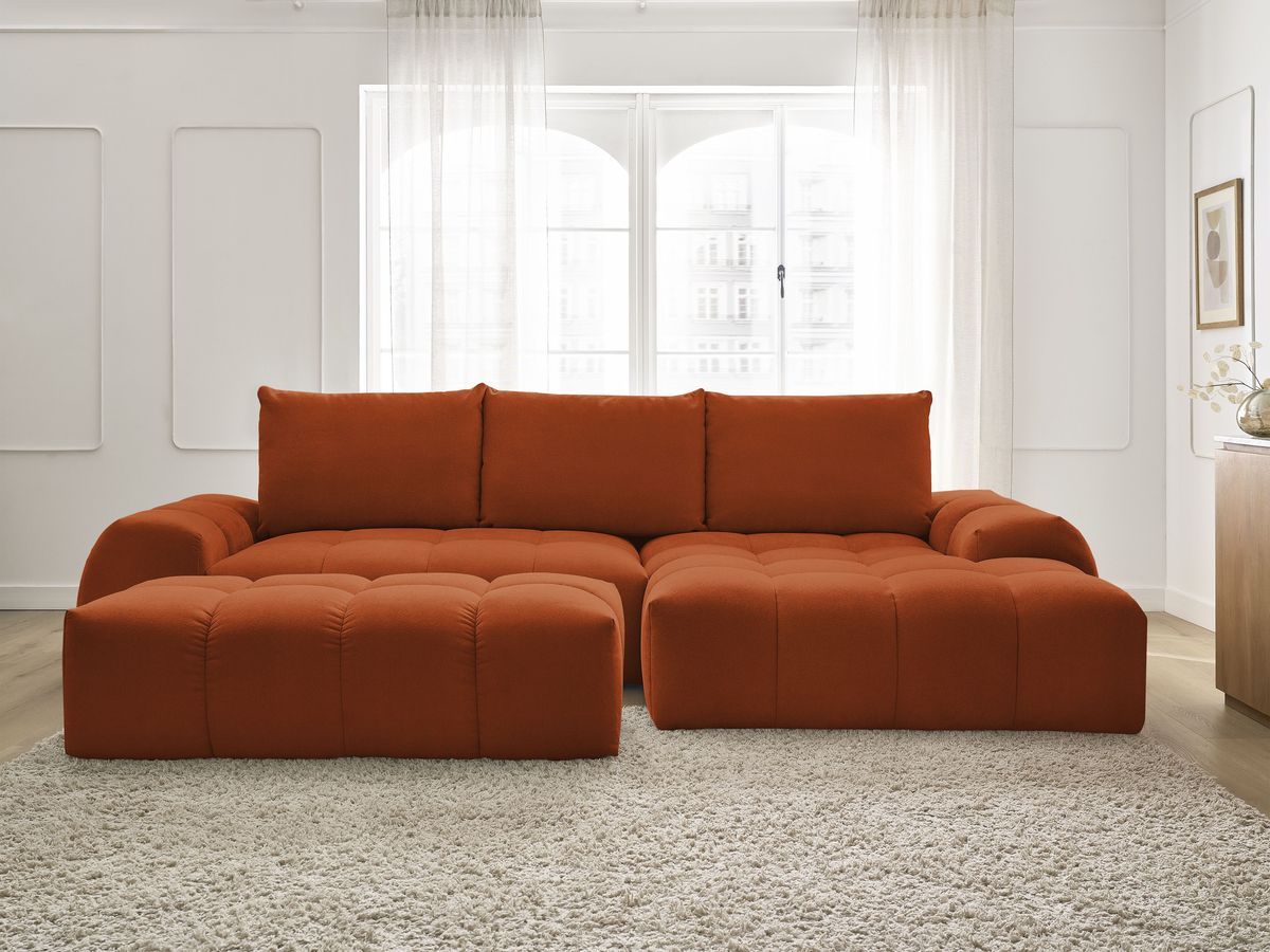 Bobochic Everest Ecksofa mit Schlaffunktion und Bettkasten und Pouf 318 × 180 cm, 3 Kissen Strukturstoff Orange Ecke rechts