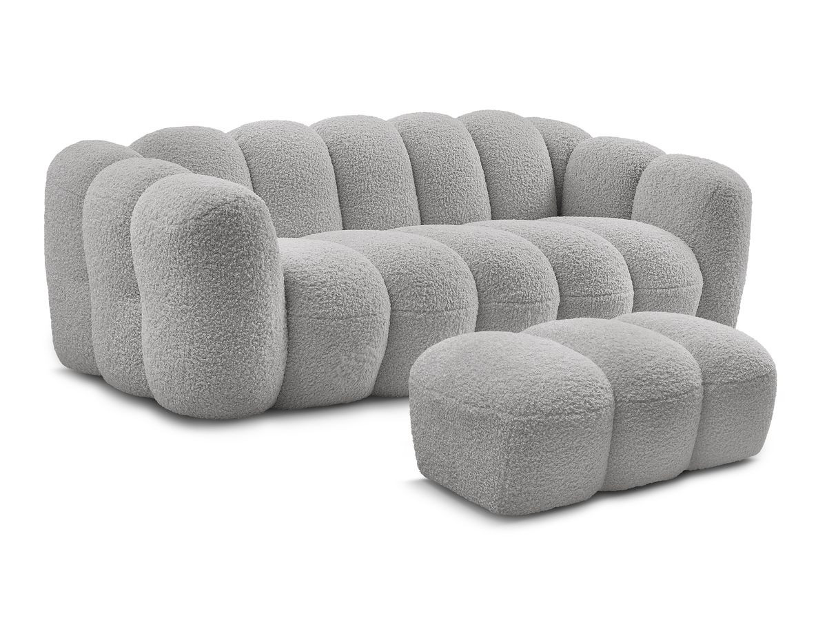 Bobochic Hippolyte Sofa 3-Sitzer mit Pouf Bouclé-Stoff Hellgrau