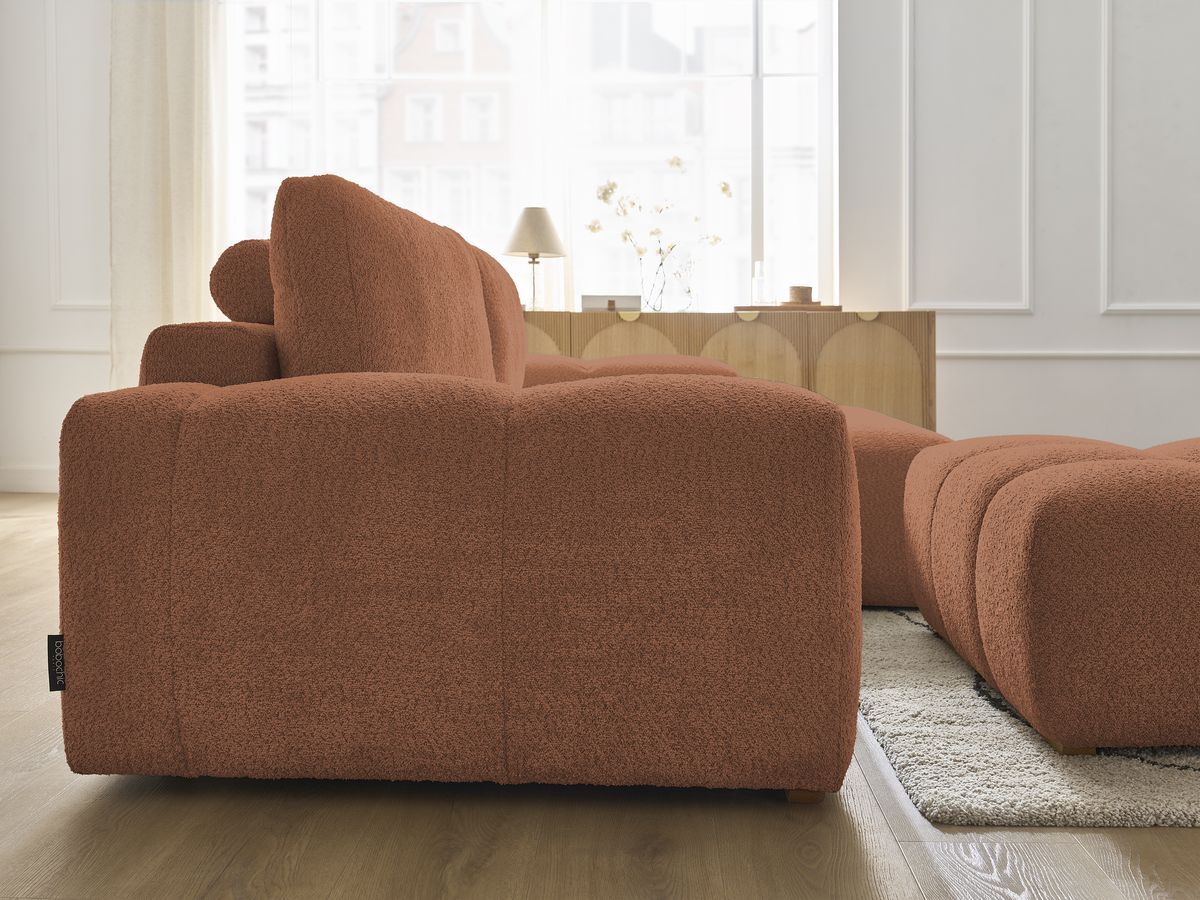 Bobochic Anakin Ecksofa mit Schlaffunktion und Bettkasten und Pouf, 2 Kissen Bouclé-Stoff Orange