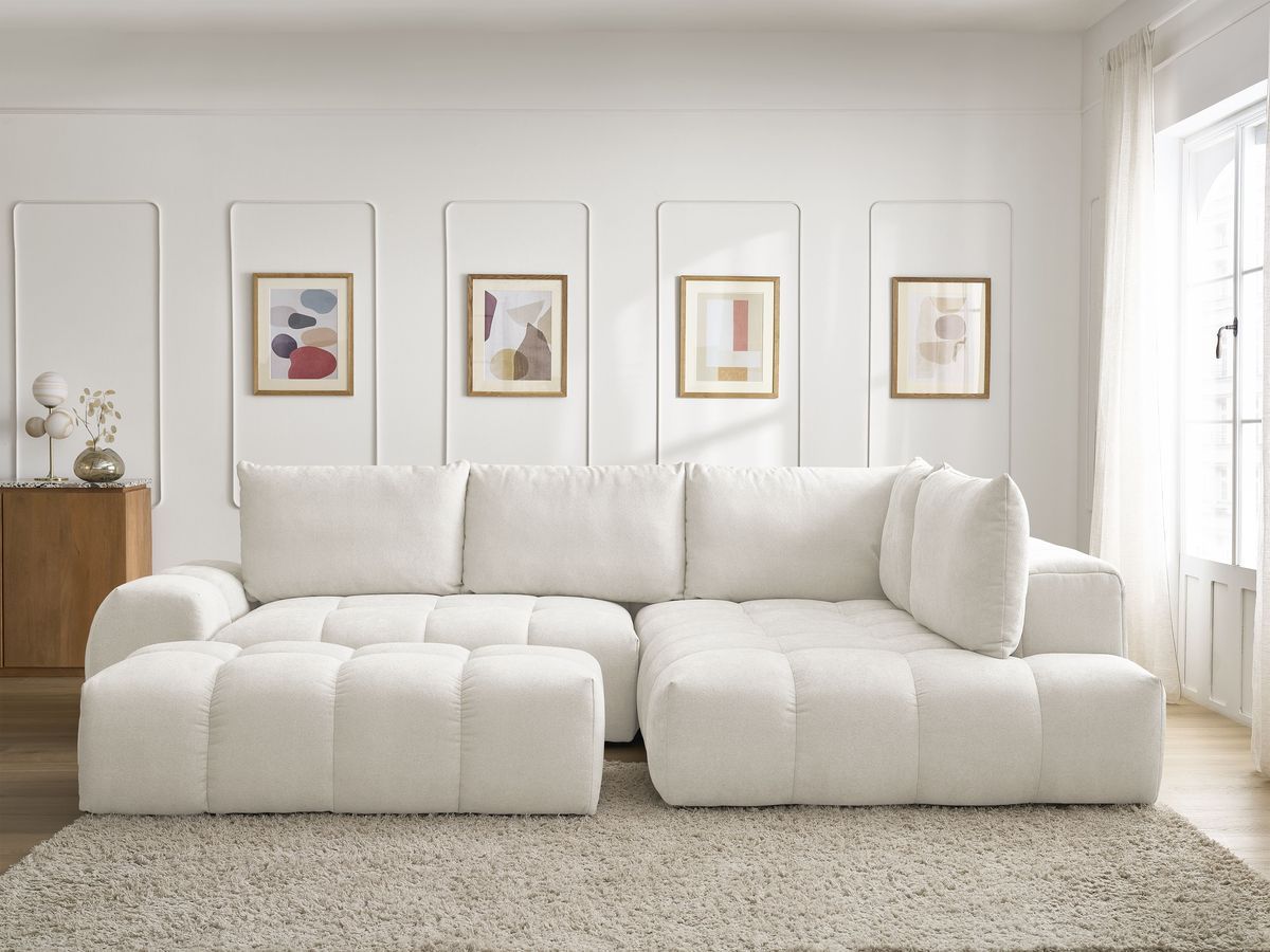 Bobochic Everest Ecksofa mit Schlaffunktion und Bettkasten und Pouf 320 × 212 cm, 5 Kissen Strukturstoff Weiß Ecke rechts