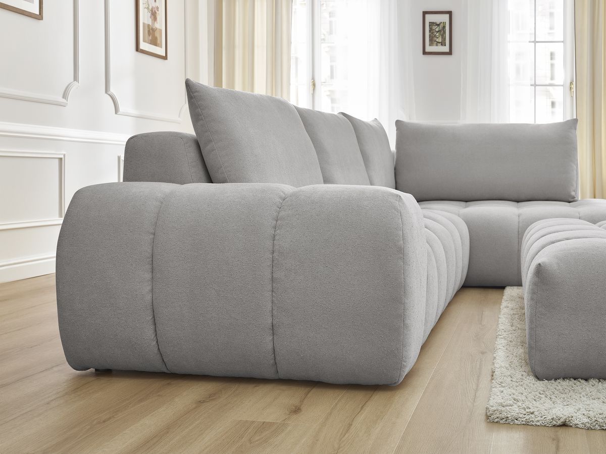Bobochic Everest Ecksofa mit Schlaffunktion und Pouf, 4 Kissen Strukturstoff Hellgrau Ecke rechts