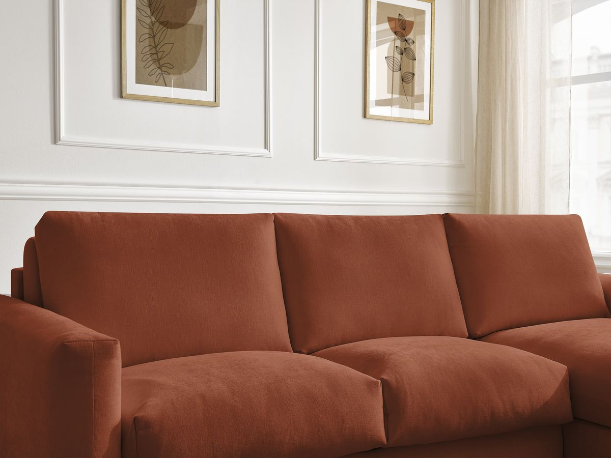 Bobochic Cocoone Ecksofa mit Schlaffunktion und Bettkasten Stoff Orange, Liegefläche 140 × 200 cm